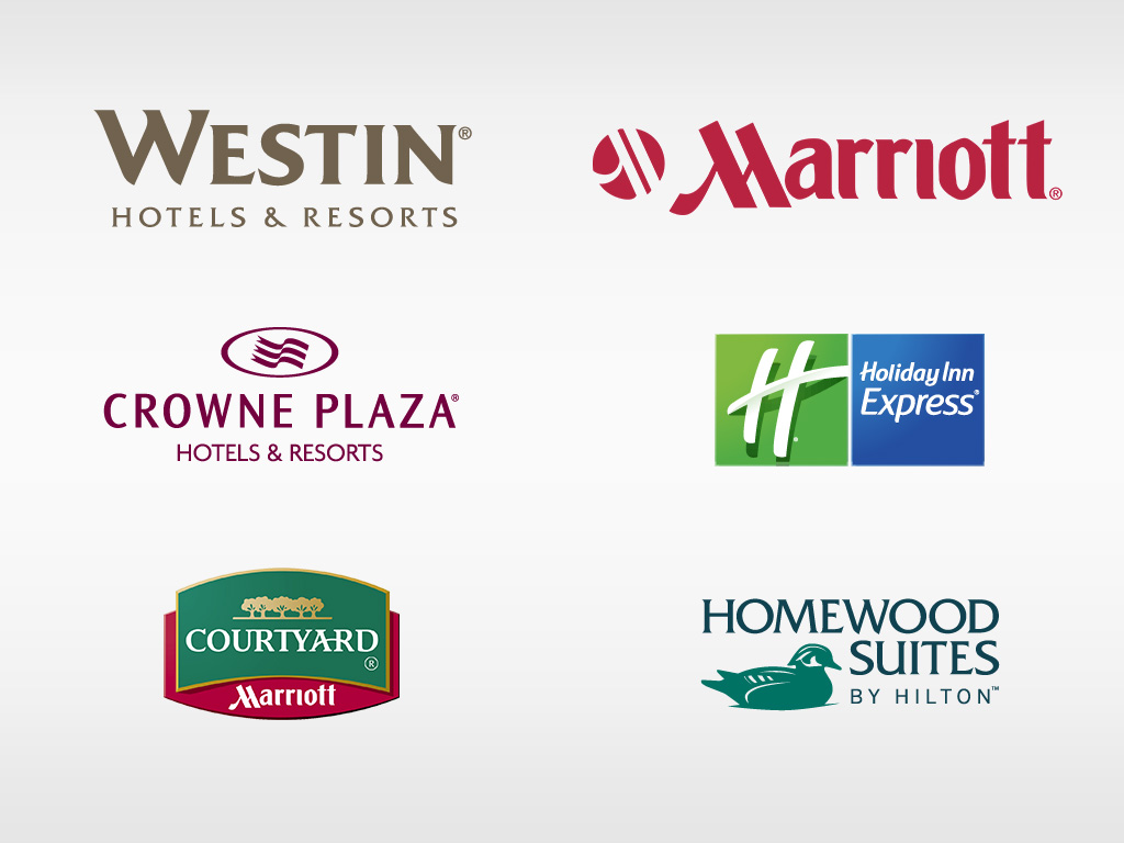 logos for Westin Hotels & Resorts, Crowne Plaza Hotels & Resorts, Courtyard by Marriott, Marriott, Holiday Inn Express, Homewood Suites by Hilton